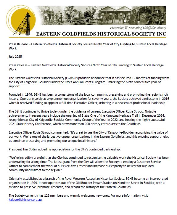 Press Release – Eastern Goldfields Historical Society Secures Ninth Year of City Funding to Sustain Local Heritage Work