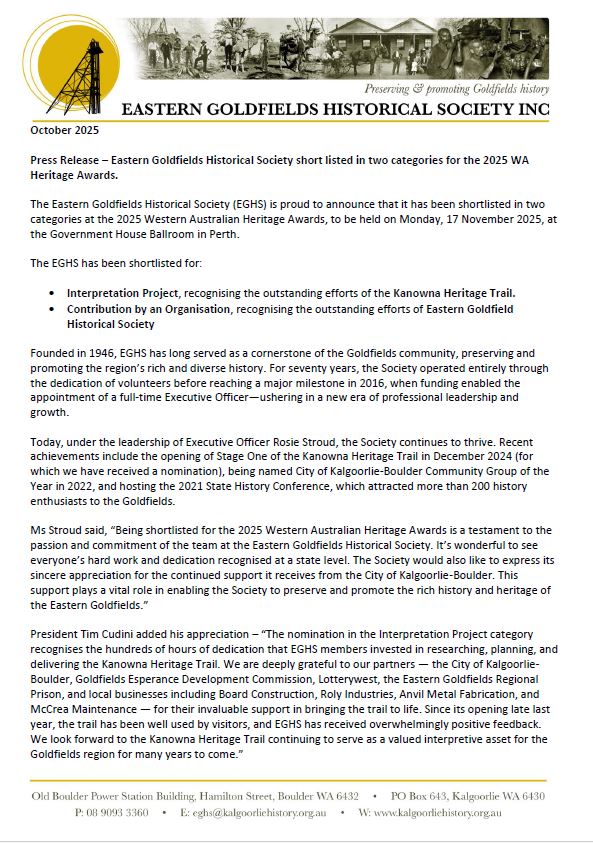 Press Release – Eastern Goldfields Historical Society short listed in two categories for the 2025 WA Heritage Awards.